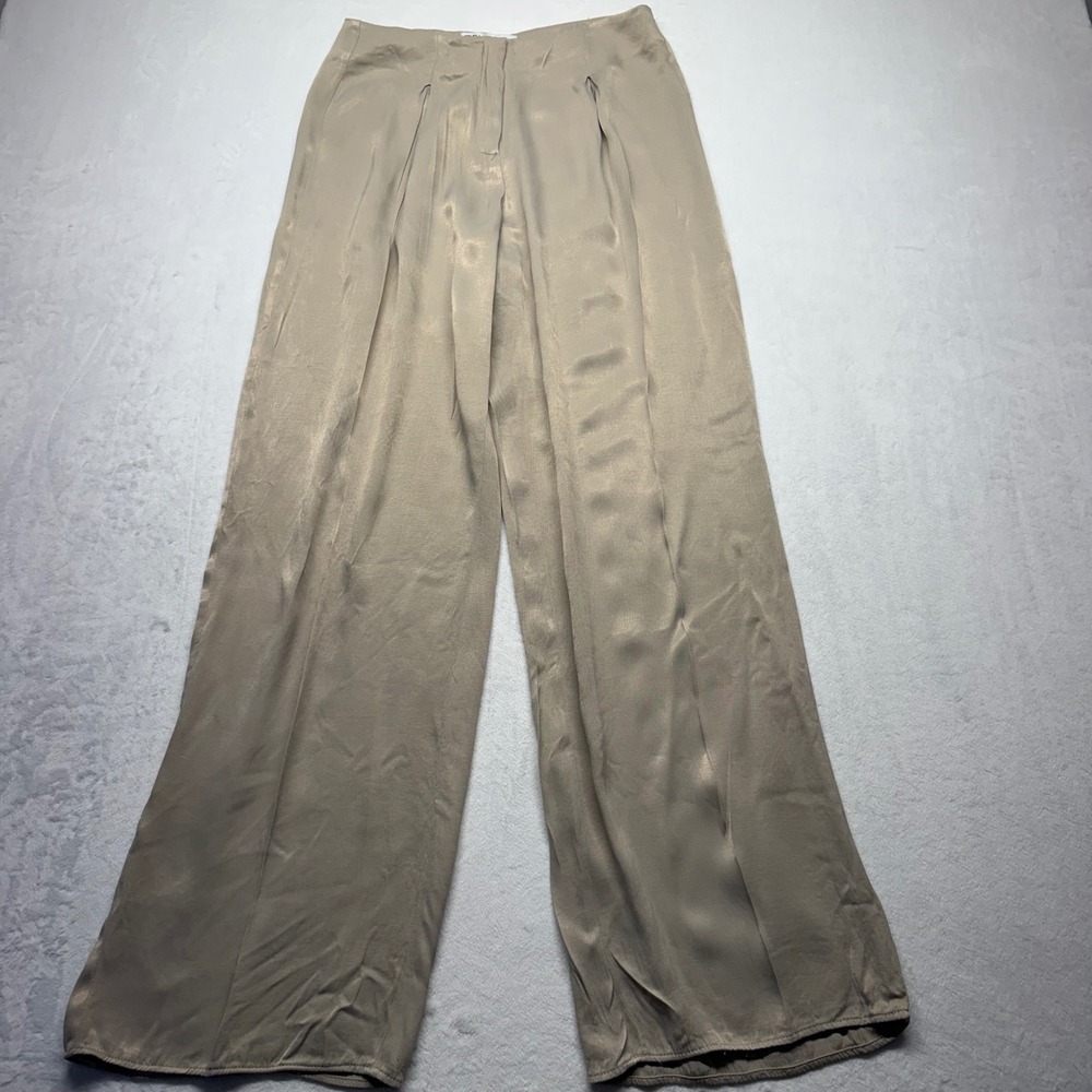 Zara Wide Leg Satin Pants S Champagne Beige Womens High Rise Pleated Trousers